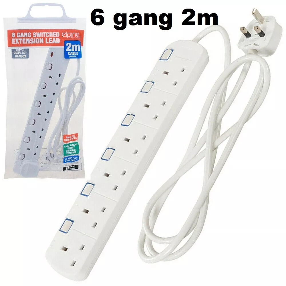 6 WAY GANG EXTENSION LEAD CABLE INDIVIDUALLY SWITCHED EXTENTION 6 SOCKET  PLUG UK