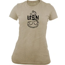 Women's Licensed Distressed Navy E7 Chief Petty Officer Rank T-Shirt