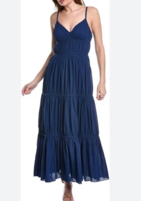 Trina Turk Gemma Blue lined Tiered Gathered Ruffles Maxi Dress