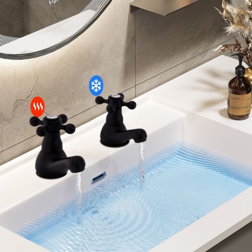 Basin Taps Pair Bathroom Sink Taps Mixers Victorian Traditional Cross Lever - Picture 4 of 7