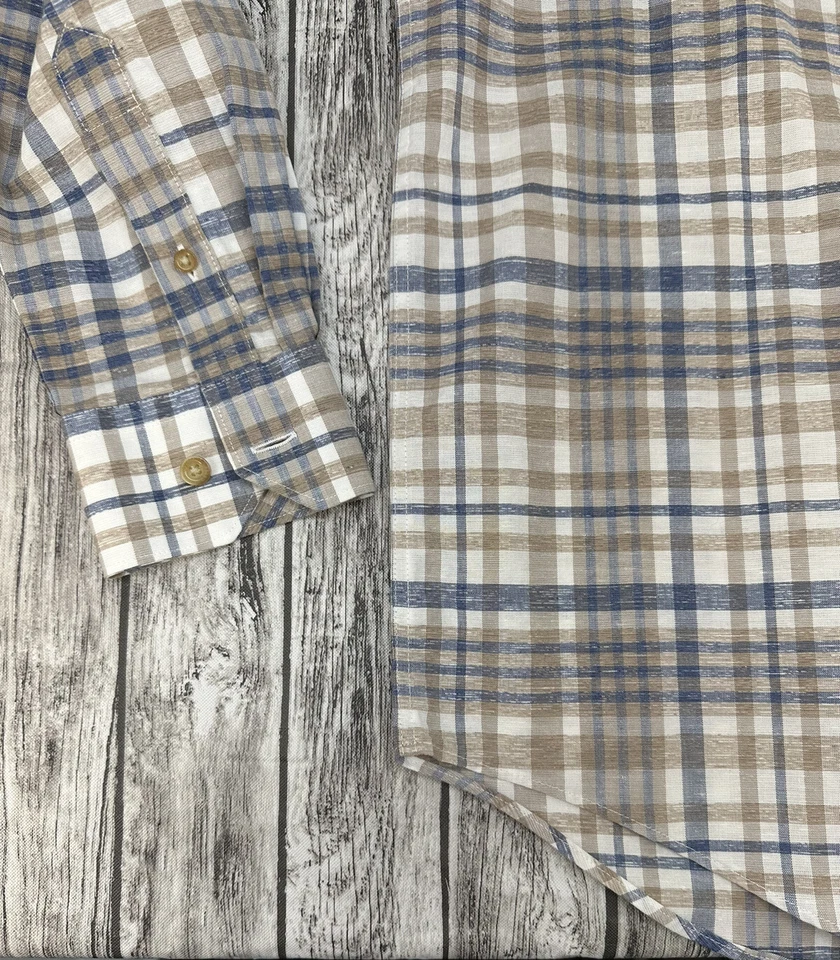 Hart Schaffer Marx Hombres Manga Larga Botones Mezcla de Lino Cuadros Talla Pequeña Foto 4 de 4