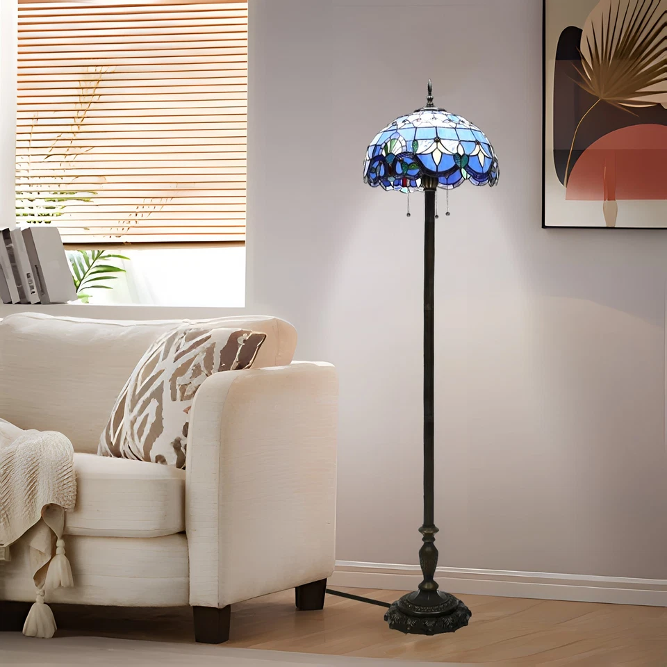 Tiffany Floor Standing Lamp 65"HX16.5D Blue Purple Stained Glass Antique Style - Image 4 of 4