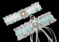 Set of 2 Light Blue Satin White Lace Wedding Prom Bridal Garter Belt Rhinestones