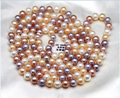60"7-11mm natural south sea genuine white gold pink purple round pearl necklace