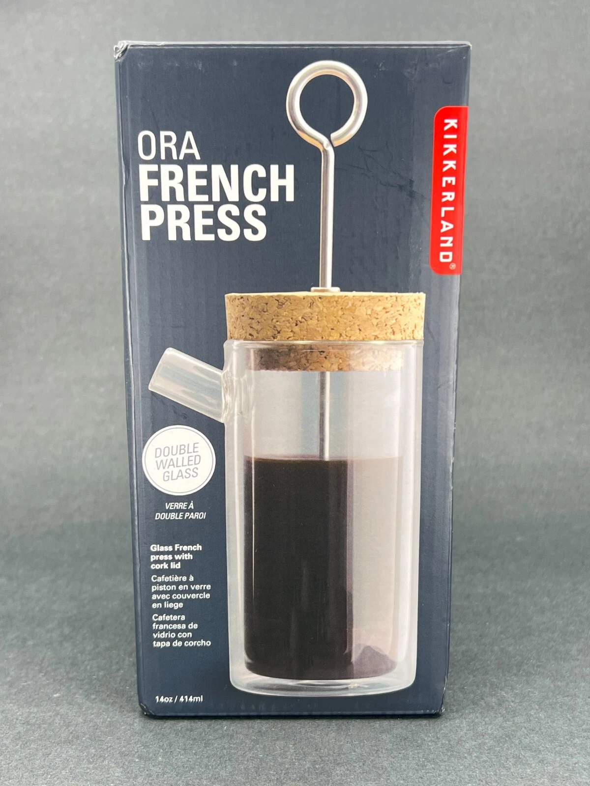 NEW In Box Kikkerland Ora French Press Double Walled Glass COFFEE Press 14oz