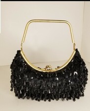 Vintage Black Beaded Fringed Clutch Purse With Gold Tone Handle 8"x4"