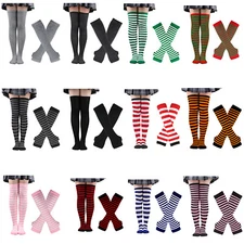 Women's Girls Striped Knee High Stocking Socks Arm Warmer Fingerless Gloves Set