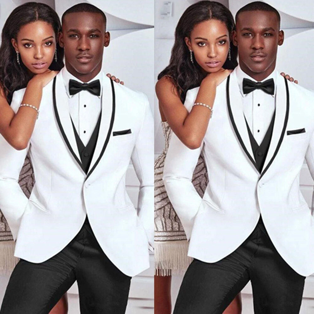 White Men Suit Black Shawl Lapel Jacket Slim Fit Wedding Party Groom Wear  Blazer