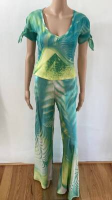 ROBERTO CAVALLI RARE VINTAGE SS 2001 PRINT TOP & PANTS SILK PANTSUIT SZ M