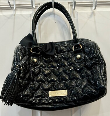 Betsey Johnson Quilted Black Heart Bow Patent Handbag Satchel Purse