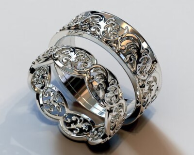 Fantastic Wedding Set His & Hers Matching Couple Bands With Amazing Swirl Design