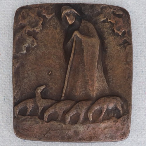 Vintage Mid Century Modernist Bronze Plaque Shepherd & Flock of Sheep 6½"