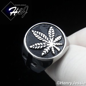 Authentic MEN Stainless Steel Black/Silver/Gold Plated Marijuana Leaf Cross Round Ring*150