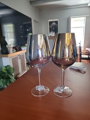 Set 2 Pier 1 ?? Wine Glasses W/ Copper Mirror Finish & Clear Stems Gold Silver 