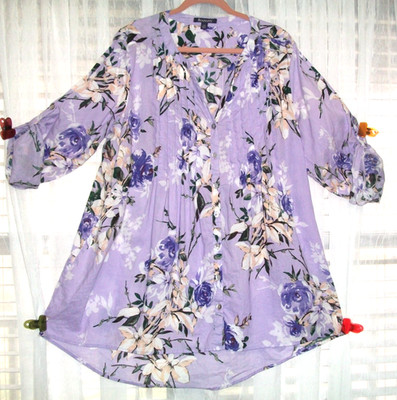 ROAMAN'S PLUS 2X/3X SOFT PURPLE FLORAL 100% COTTON BUTTON FLOWY ALINE BLOUSE TOP
