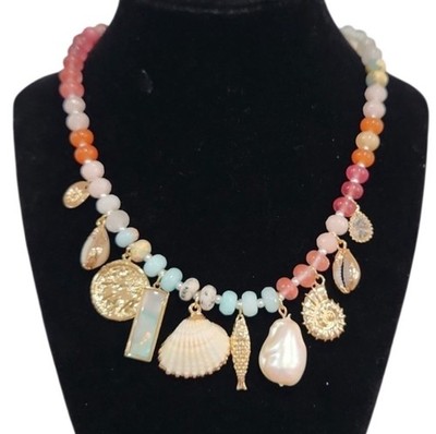 Atterri Mermaid Life Freshwater Pearl Shell Glass Stone Gold Tone Charm Necklace