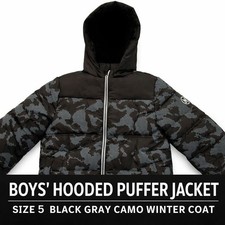 Boys Hooded Puffer Jacket Size 5 Black Gray Camo Winter Coat Member  s Mark