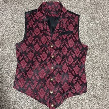 VATPAVE Formal Steampunk Burgundy Brocade Vest Lapels Size Small