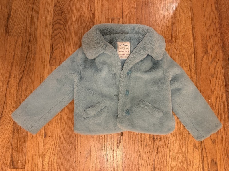 Fat Face teal blue fuzzy kids coat, size 3/4