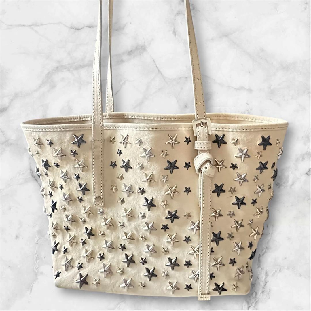 Authentic JIMMY CHOO Sasha S Star Studs Leather Shoulder Tote Bag White from JPN