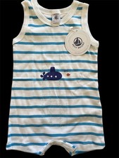 Petit Bateau NWT Blue/Wht Stripe 100 Cotton Knit Sleeveless Romper-12Mos 74cm