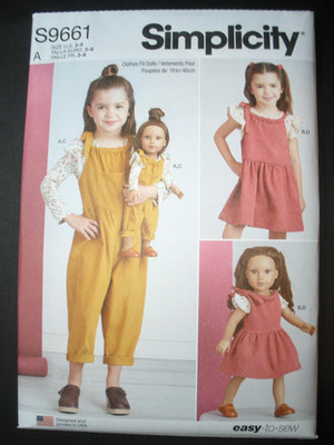 Simplicity Sewing Pattern 9661 Knit Top Overalls Jumper Girls 3-8 and Dolls 18''