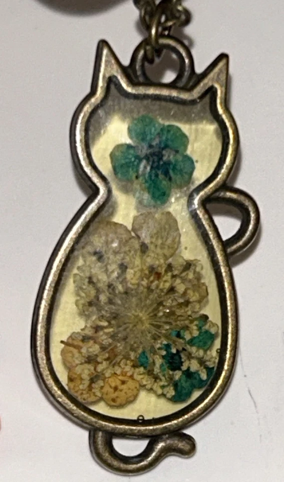 4 件波西米亚吊坠项链-猫头鹰吊坠、猫树脂、羽毛、金银丝珠;1990 年代 — 第 4/4 张图片