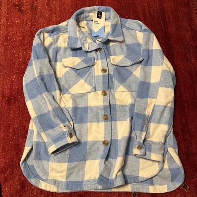 Womens Members Mark Plaid Shacket Blue White L Polyester Acrylic Wool Rayon Nylo