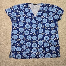 Cassandra O Tunic Top Womens Large Blue Floral V-Neck Scrub Pockets Nurse