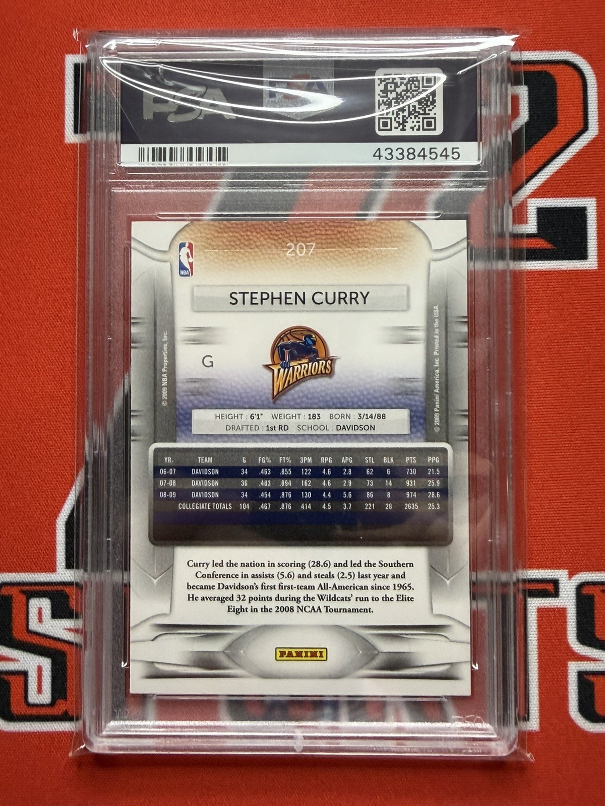 2009 Panini Prestige Stephen Curry Rookie RC #207 Warriors PSA 9 view 2