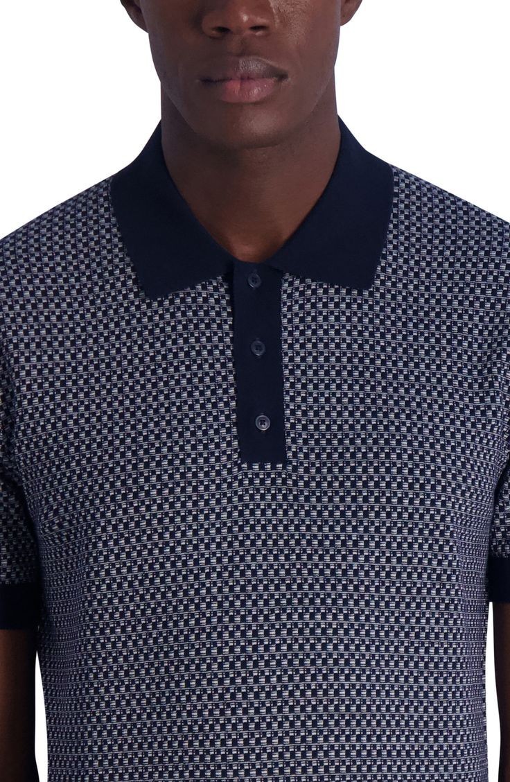 KARL LAGERFELD Paris Navy Blue Polo Geometric Jacquard Cotton Regular Fit S