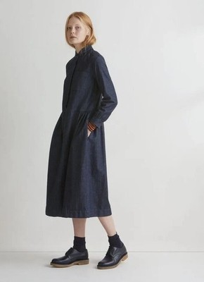 Toast Denim Shirt Dress Size 12 Indigo Blue Peter Pan Collar Midi Sleeves Pocket