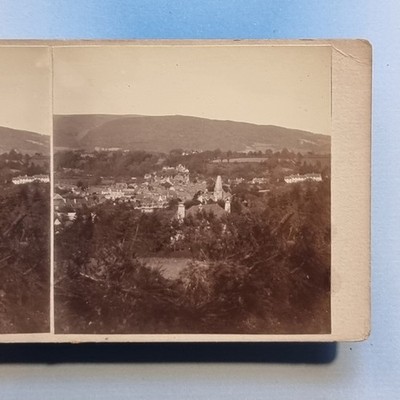Porlock Stereoview 3D um 1920 Echtfoto erhöhte Ansicht der Stadt von Hills Somerset