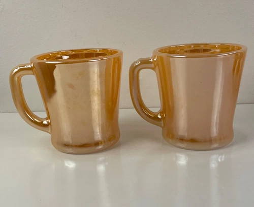 2 Anchor Hocking Fire King Mugs 6 Oz Coffee Cups Peach Luster D Handle Vintage