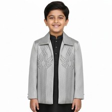 Boys Blazer Gray Striped Traditional Indian Bollywood Rhinestones Embroidered
