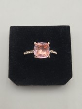 925 Sterling Silver Pink Cushion Cut CZ Ring Rose Gold Tone Pav  Band Size 9...