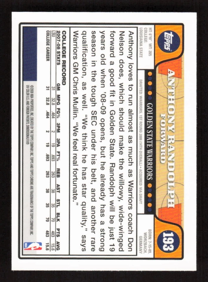 Anthony Randolph 2008-09 Topps Chrome #193 Rookie Golden State Warriors - Image 2 of 2