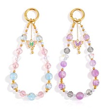 2 PCS Pink Phone Charm Beaded Phone Wrist Strap, Crystal Cellphone Keychain W...