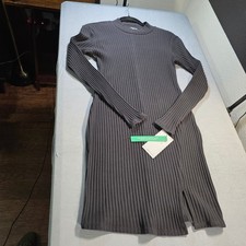 Stitch & Pine Women Black Ribbed Mock Neck Long Sleeve Midi Dress Slit SZ. M NEW