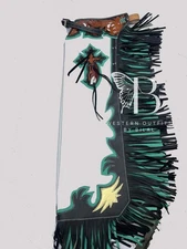 Bull Riding Pro Rodeo Chaps white Smooth Leather Bronco Show Adult fringe chap