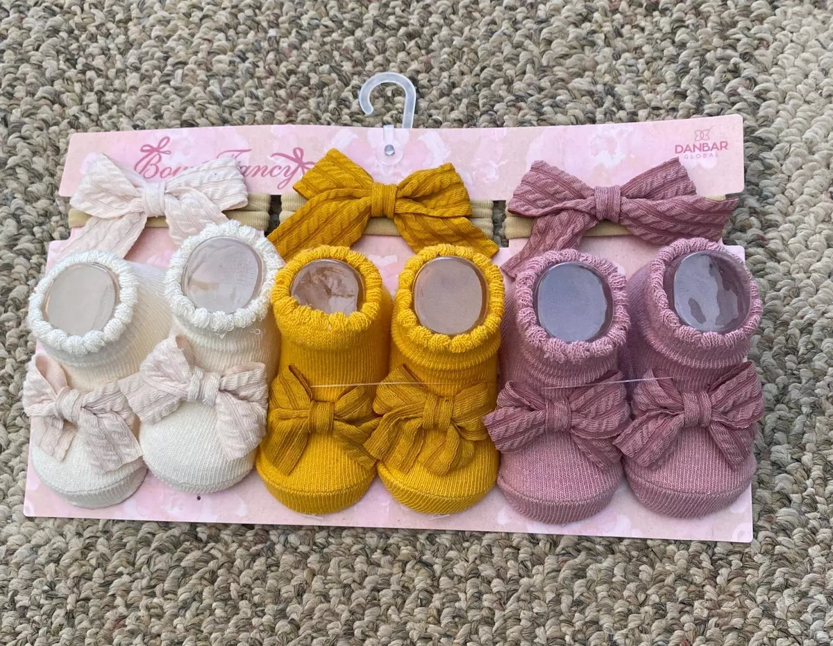 Danbar Bow Fancy Newborn Infant 3 Bows and 3 Booties Set Cream Gold Mauve Pink