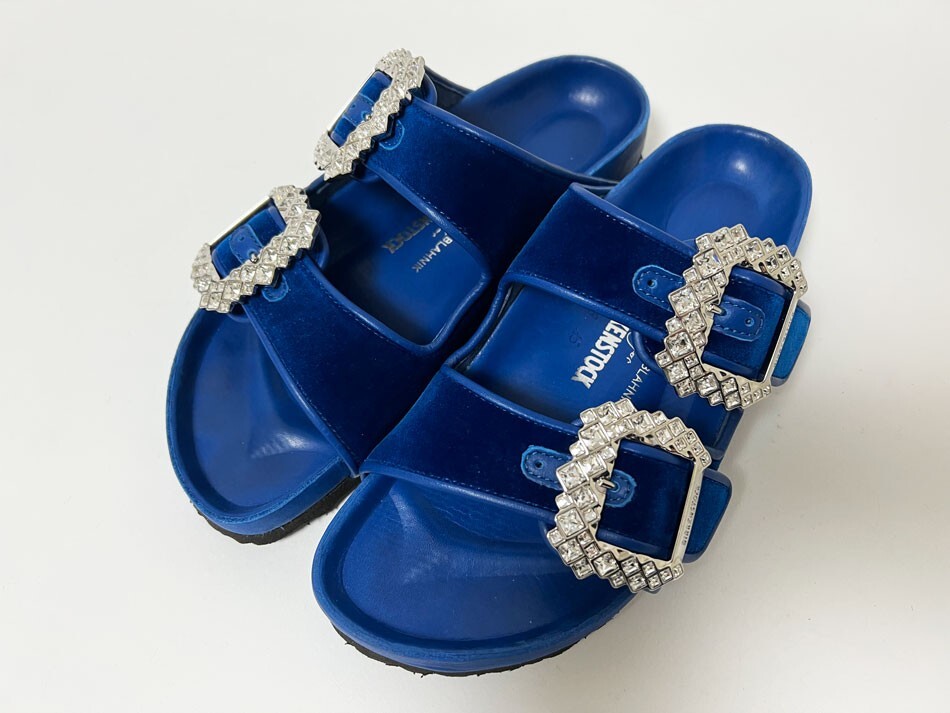 MANOLO BLAHNIK × BIRKENSTOCK sandals Arizona crystal velvet blue size 38 |  eBay