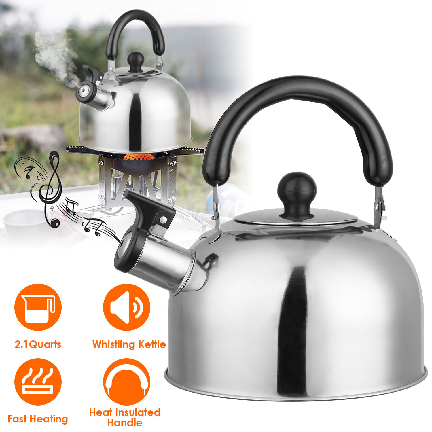 Tea Kettle-2.1 Quart Stove Top Whistling Teapot - Silver Stainless