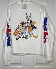 Men vintage SPACE JAM White Back Front Graphic L/s T-shirt Sz Medium Bugs Bunny