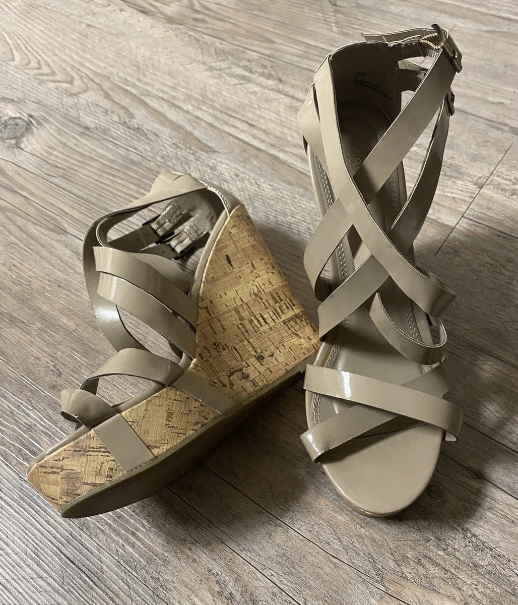 Cathy Jean Women's Tan Shiny Criss Cross Strappy Sandal Cork