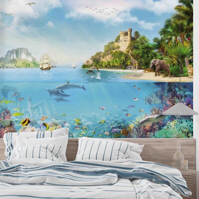 3D Sea Fish Sky Castle Elephant Boat Wallpaper Wall Murals Removable Wallpaper