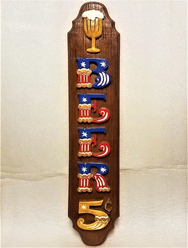 Vintage 24” Chalkware?-Plaster-Ceramic Patriotic 5 Cent Beer Wall Sign Plaque