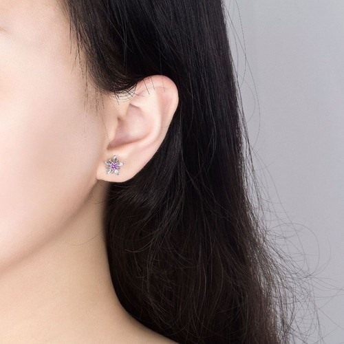 925 Sterling Silver 5 Petal Flower Lilac CZ Cute Stud Earrings Women Girl Gift - Picture 2 of 7