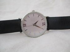 Watch Black Buckle Band Silver Toned Round White Face Minimalist Roman Numerals