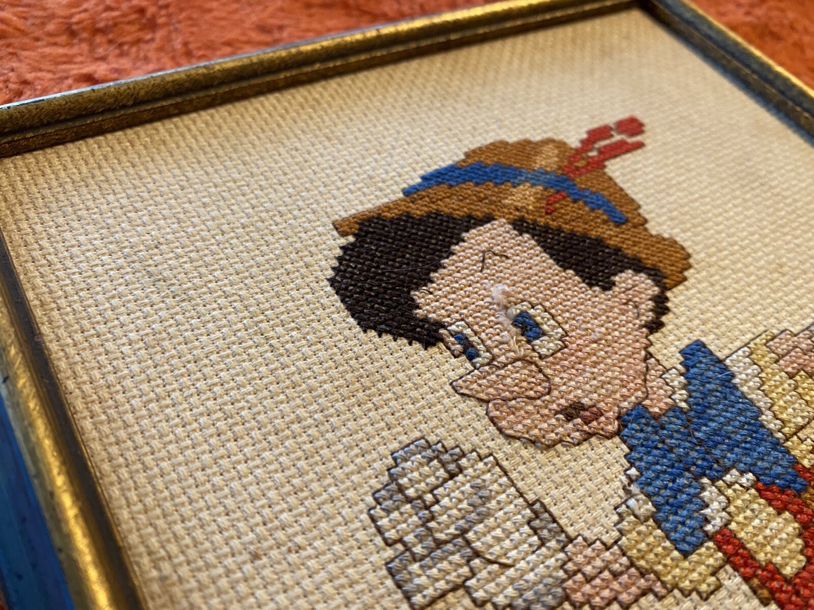 Vintage Disney Pinocchio and Jiminy Cricket Running Framed Cross Stitch